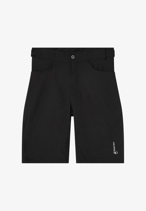 Sorte shorts til knæet med frontlommer, bæltestropper, knaplukning og lille hvidt logo på det nederste højre ben.