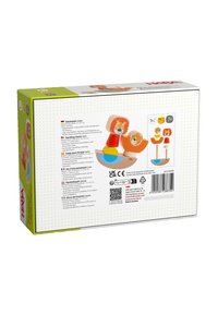 Wooden stacking toy featuring colorful lion-shaped pieces in orange, yellow, and blue. Includes a round base and multiple stacking components.