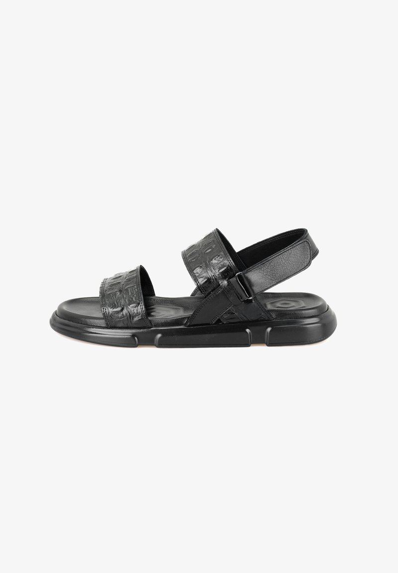 Schwarze Sandalen mit zwei strukturierten Riemen, einem eleganten Synthetik-Obermaterial und einer klobigen Sohle mit ausgeprägtem Profil für besseren Halt.