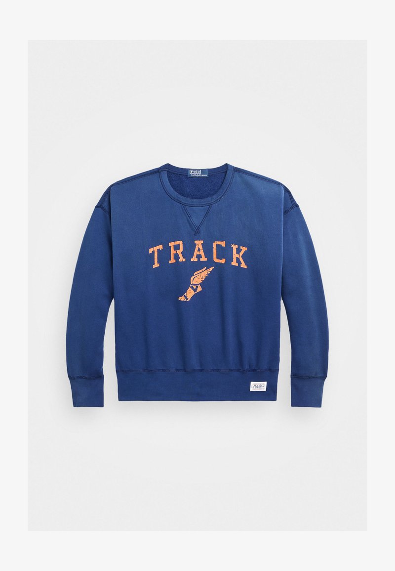 Navy blue sweatshirt with long sleeves, ribbed cuffs, and rounded neckline. Features "TRACK" in orange lettering and logo tag at bottom.