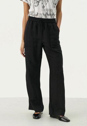 Black wide-leg trousers made of lightweight fabric with an elastic waistband and drawstring. Two side pockets, smooth texture.