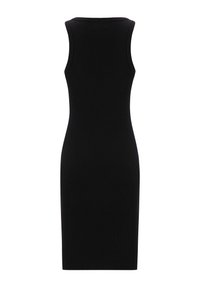 Schwarzes, tailliertes Midikleid aus geripptem Strickstoff. Verfügt über ein ärmelloses Design mit einem runden Halsausschnitt und glatter Textur.
