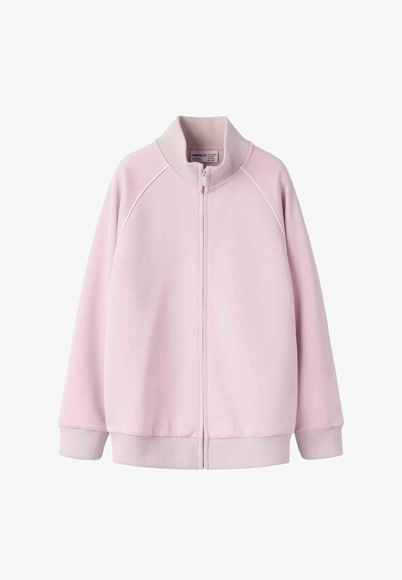 Svetle růžová dlouhý rukáv bunda na zip s žebrovaným límcem, manžetami a spodním lemem, s jednoduchým, čistým designem a bílými švy.