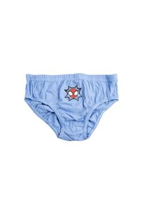 Mutande di cotone azzurro chiaro con elastico in vita, caratterizzate da un logo di ragno nero e rosso sul davanti. Texture morbida, design aderente.
