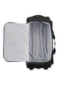Bolso de viaje negro con cremallera, que cuenta con un amplio interior gris. El exterior suave está hecho de un material duradero. Tiene dos ruedas para un fácil transporte.