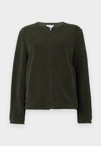 Dark green fleece jacket with long sleeves, round neckline, and front zipper closure, displayed on a white background.