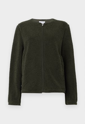 Dark green fleece jacket with long sleeves, round neckline, and front zipper closure, displayed on a white background.