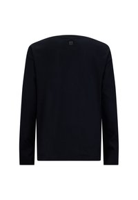 Schwarz langärmliges T-Shirt mit Rundhalsausschnitt, aus weichem Baumwollmaterial und genähten Details. Etikettanhänger auf der Rückseite des Halses sichtbar.