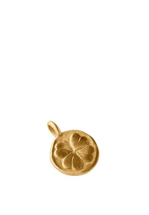 Colgante de oro con diseño de trébol de cuatro hojas y un pequeño lazo para sujetarlo a una cadena o pulsera.