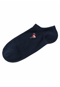 Calzini alla caviglia color navy realizzati in materiale morbido, con un design di fenicottero ricamato in rosso e rosa. Presentano un bordo a costine e una texture liscia.