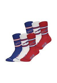 Zestaw czterech par skarpetek za kostkę w kolorach niebieskim, białym i czerwonym. Z nadrukiem logo i nazwy drużyny oraz paskami na górze. Materiał to mieszanka bawełny.