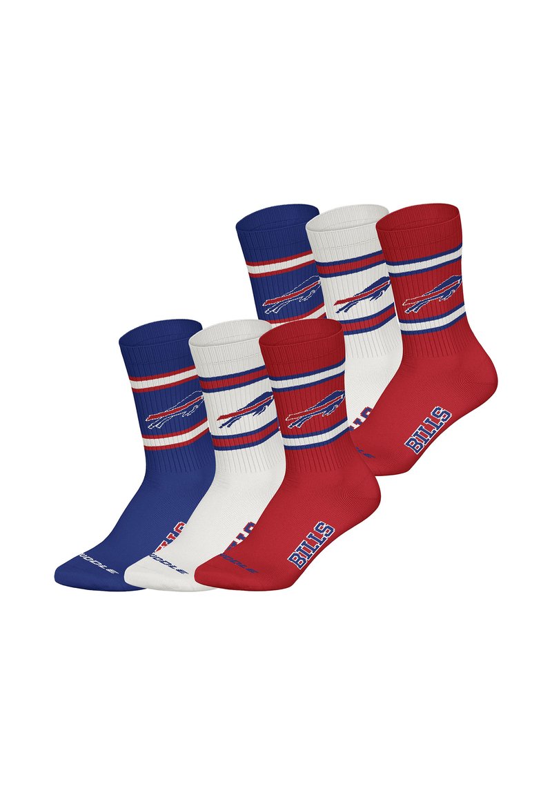 Zestaw czterech par skarpetek za kostkę w kolorach niebieskim, białym i czerwonym. Z nadrukiem logo i nazwy drużyny oraz paskami na górze. Materiał to mieszanka bawełny.