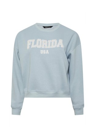 Lichtblauwe sweatshirt gemaakt van zacht materiaal, met een ronde halslijn en geribbelde manchetten. "FLORIDA USA" is in het wit geborduurd op de borst.