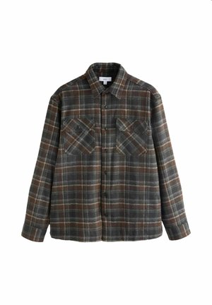Flanellhemd in Dunkelgrau mit braunem und weißem Karomuster. Verfügt über eine Knopfleiste, lange Ärmel und zwei Brusttaschen.