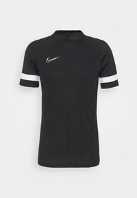 Nike svart sporttröja med korta ärmar, vita ränder på ärmarna, rund halsringning och lätt, andningsbart tyg.