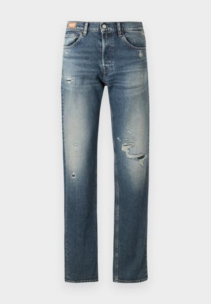 Μπλε τζιν παντελόνι με άνετη εφαρμογή. Διαθέτει ανοιχτό ξεθώριασμα, φθαρμένες περιοχές και κλασικό σχέδιο με πέντε τσέπες. Τυπική μέση με κουμπί.