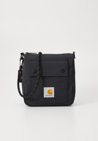 Sort rektangulær crossbody-tasker lavet af holdbart stof, med en frontklap med to knapper og et mærke-logo, samt et struktureret skulderrem.