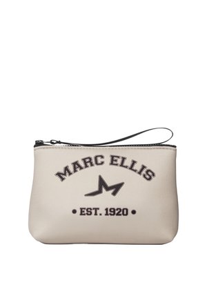 Petite pochette beige zippée avec texte noir "MARC ELLIS", logo étoile et "EST. 1920" imprimés à l'avant, avec une sangle pour poignet.