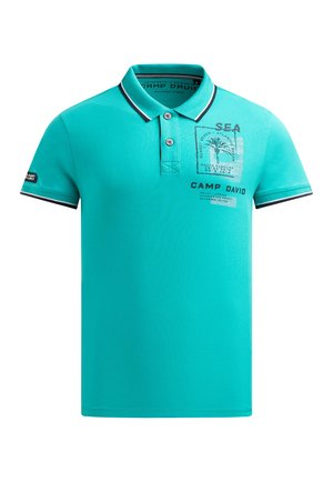 Turquoise polo shirt with black and white trim on collar and sleeves, two buttons, and "Camp David" graphic with palm tree on chest.
