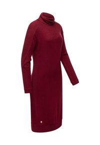 Burgunderfarbenes Rollkragenkleid mit langen Ärmeln, geripptem Textur und taillierter Silhouette. Mit einem silbernen Akzent am Saum.