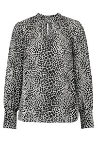 Blouse à motifs noir et blanc avec un col rond, un détail en forme de trou de serrure et des manches longues. Le tissu est léger avec une apparence texturée.