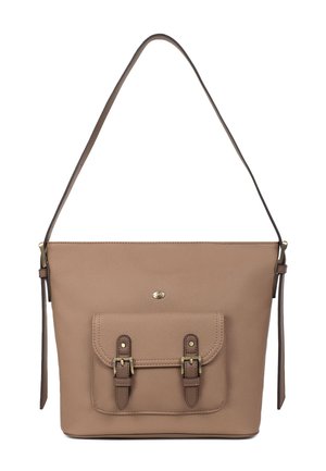 Beżowa torba na ramię z pojedynczym regulowanym paskiem, przednią kieszenią z klapką i dwoma klamrami oraz złotymi ozdobami metalowymi.