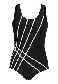 Svart baddräkt med vita diagonala ränder, med scoop-halsringning och breda axelband, tillverkad av elastiskt material.