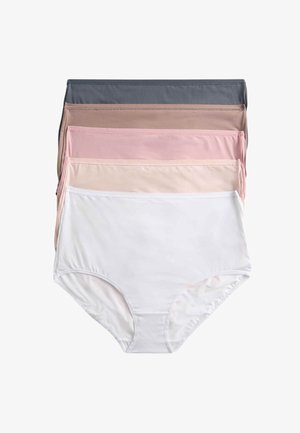 Sechs nahtlose Slips in verschiedenen Farben: Dunkelgrau, Braun, Hellrosa, Beige und Weiß. Glatte Textur und klassischer Schnitt.