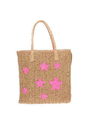 Borsa a spalla in paglia intrecciata di colore naturale, decorata con diversi accenti a forma di stella rosa. Manici doppi intrecciati, apertura superiore, morbida texture.