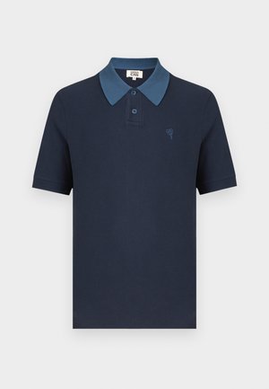 Navy polo shirt with a contrasting blue collar, short sleeves, textured fabric, and a small embroidered heart design on the chest.