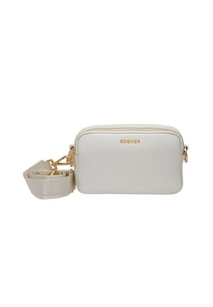 White rectangular leather crossbody bag with gold zipper and detachable strap, branded "BOGNER" in gold letters on front.