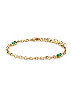 Gold chain bracelet with two rectangular green gemstones and a lobster clasp, displayed on a white background.