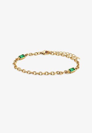 Goldenes Kettenarmband mit zwei rechteckigen grünen Edelsteinen und einem Karabinerverschluss, auf weißem Hintergrund dargestellt.