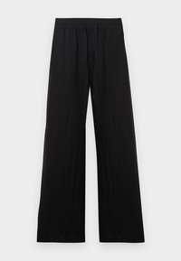 Svarte bukser med vide ben laget av bomullsstoff. Har elastisk midje og en jevn, strukturert overflate. Ingen synlige mønstre eller detaljer.