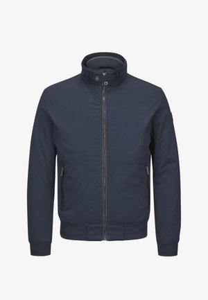 Navy blue bomber jacket made from lightweight fabric with a front zipper, stand collar, and two side pockets. Textured cuffs and hem.
