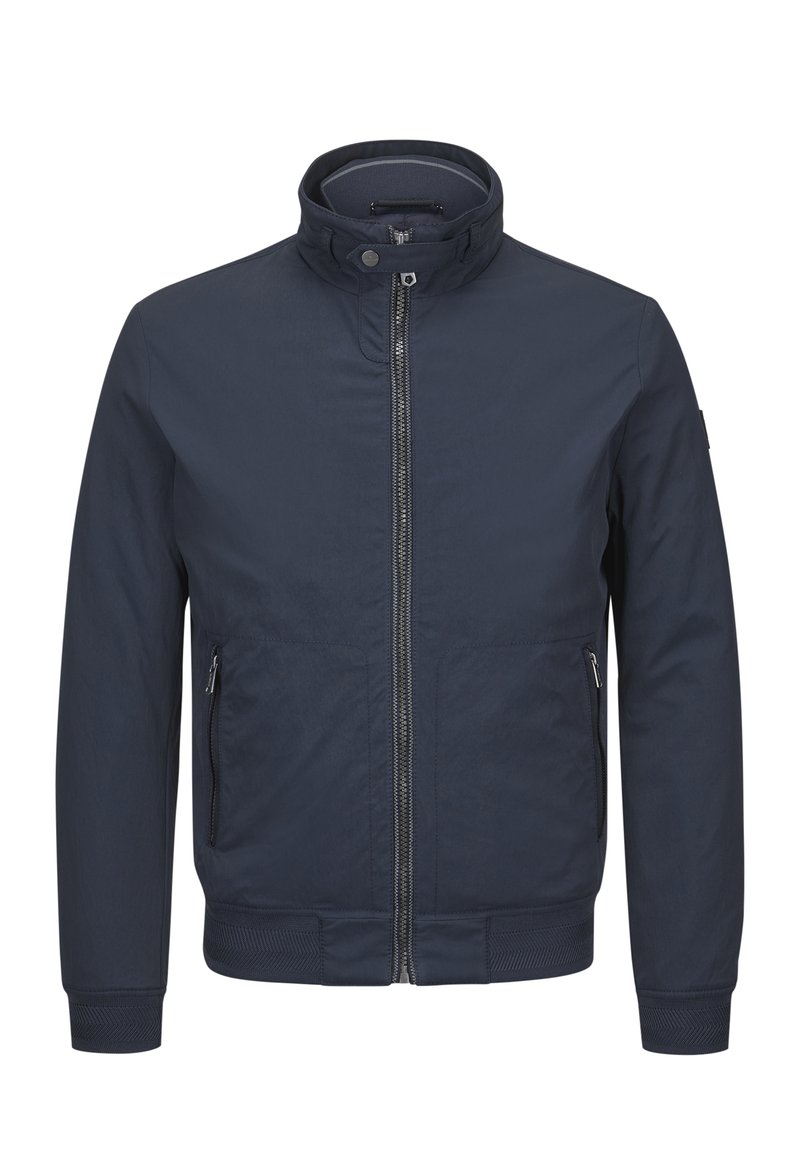 Marineblaue Bomberjacke aus leichtem Stoff mit einem Reißverschluss vorne, Stehkragen und zwei Seitentaschen. Strukturierte Bündchen und Saum.