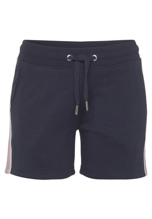 Dunkelblaue Shorts aus einem Baumwoll-Mischgewebe, mit einem elastischen Bund und Kordelzug sowie kontrastierenden Seitenstreifen in hellen Farben.