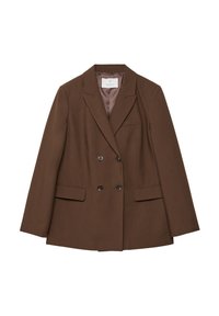 Blazer double boutonnage marron en tissu lisse, doté de deux fermetures à bouton, de deux poches avant et d'un design élégant avec revers cranté.