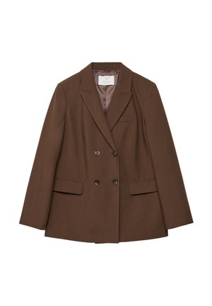 Blazer double boutonnage marron en tissu lisse, doté de deux fermetures à bouton, de deux poches avant et d'un design élégant avec revers cranté.