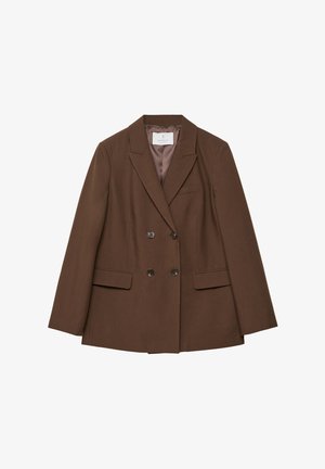 Brauner doppelt geeister Blazer aus glattem Stoff, mit zwei Knopfverschlüssen, zwei Vordertaschen und einem eleganten Revers mit Schlitz.