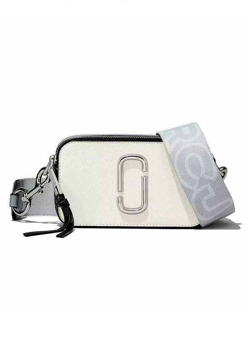 White rectangular bag with black zip, silver hardware, and branding on strap. Textured material with a contrasting patterned strap.