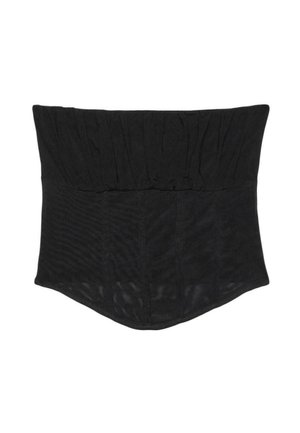 Corset noir sans bretelles avec une armature structurée et un ourlet légèrement pointu à l'avant.