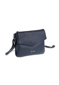 Borsa a tracolla in pelle blu navy con texture, chiusura a pattina, tracolla regolabile e piccolo logo del marchio in argento sul frontale.