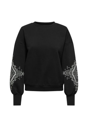 Zwarte sweatshirt gemaakt van een zachte stof, met een decoratief wit patroon op de mouwen, geribbelde boorden en een ronde halslijn.