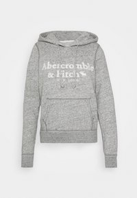 Felpa grigia con cappuccio realizzata in materiale morbido, caratterizzata da una tasca a marsupio, logo stampato bianco e polsini e orlo a coste.