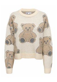 Kremowy sweter o skróconym fasonie z wzorem przedstawiającym beżowe i szare misie. Dzianinowa struktura z prążkowanymi mankietami i dołem.