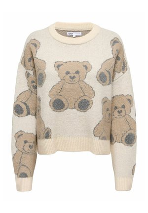 Kremveida džemperis ar īsu dizainu, kas rotāts ar bēšas un pelēkas krāsas lācīšu rakstiem. Adīts tekstūras, ar ribinātām piedurknēm un apakšmalu.