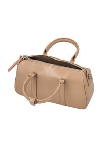 Beige Lederhandtasche mit Reißverschluss, zwei kurzen Griffen und seitlichen Ziernähten. Kompakte, abgerundete Form mit glatter Textur.