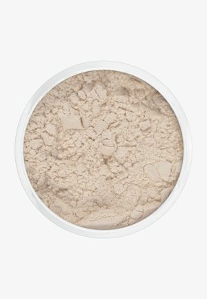 Lose Puder kosmetisch in einem runden weißen Behälter, mit einem hellbeigen Farbton, feiner, weicher Textur und leicht unebener Oberfläche.
