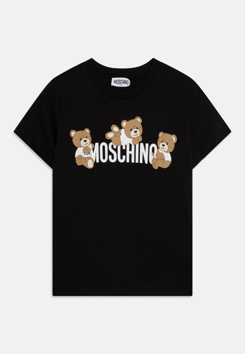 Svart bomull T-skjorte med et design av tre tegneseriebjørner og "Moschino" logoen i fet hvite bokstaver. Korte ermer, rund hals.